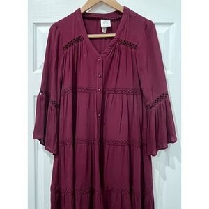 Knox Rose Dress‎ XS Burgundy 3/4 Bell Sleeve Button Tiered Eyelet Midi